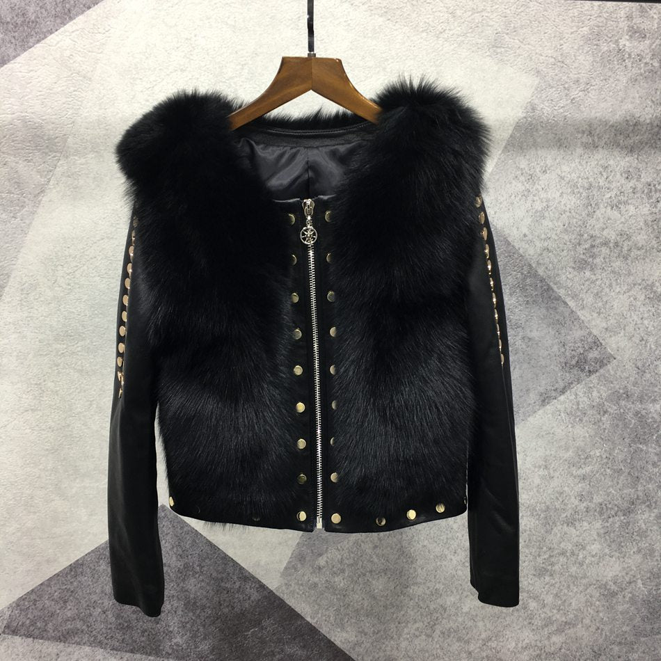 Genuine Leather Jacket Studded Arms Fur Chest