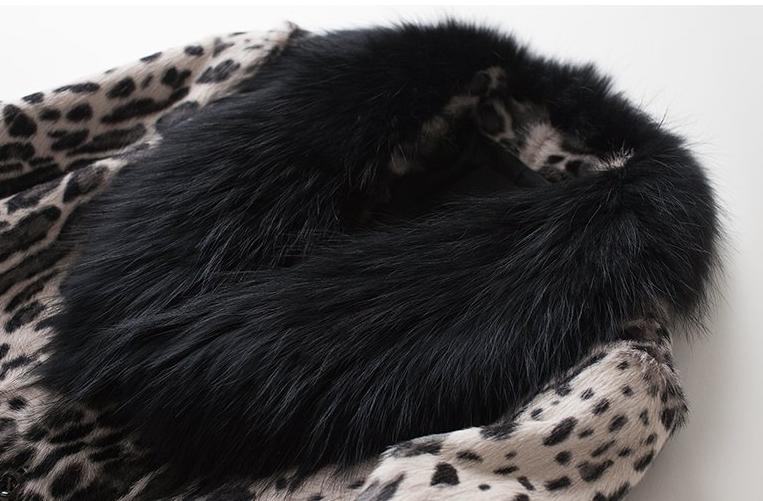 Leopard Real Shearling Fur Overcoat with Thick Fox Fur Collar