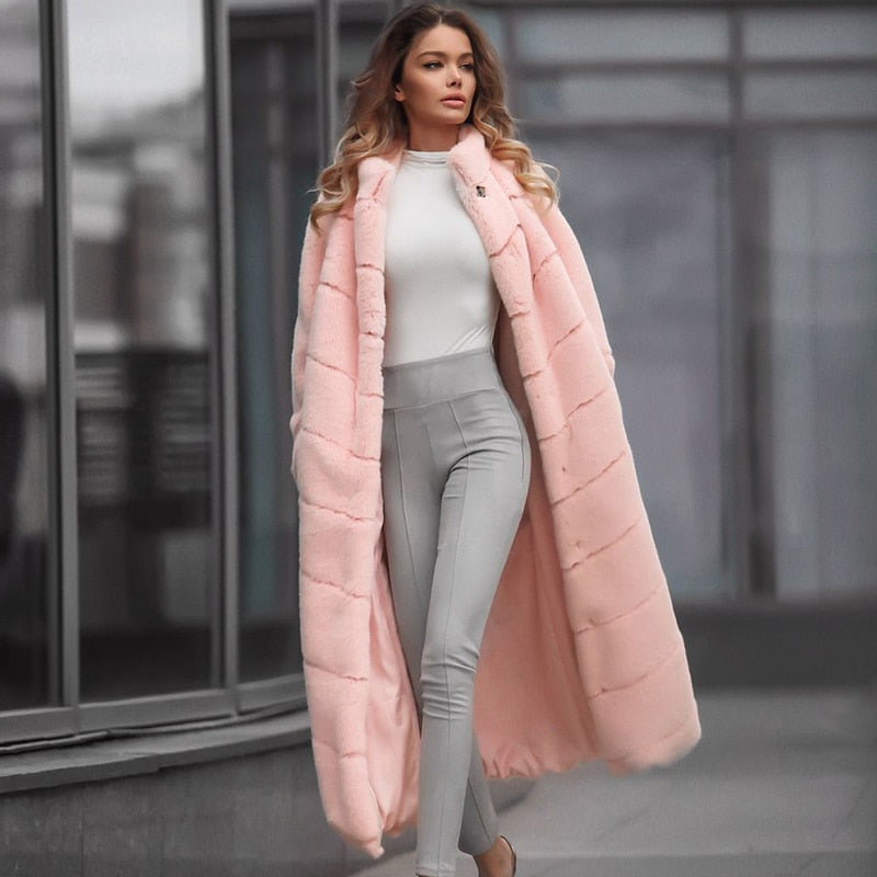 Lux Pink Real Rabbit Fur Long Coat