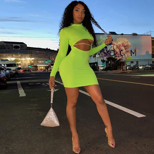 Turtleneck Long Sleeve Hollow Out Belly Mini Dresses