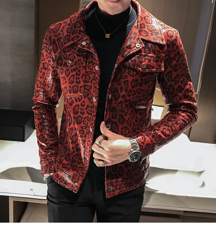 Leopard Print Slim Pu Leather Jackets
