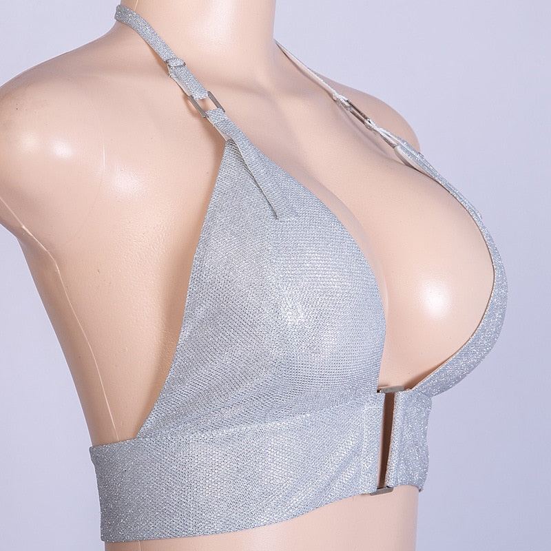 Shiny Reflective Halter Deep V Crop Top