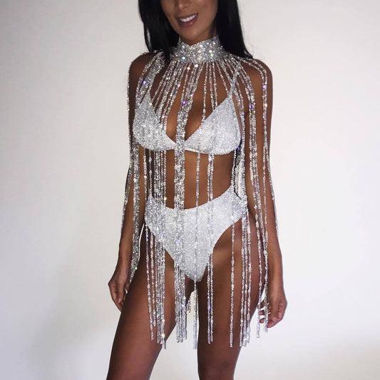 Rhinestone Turtleneck Tassel Mini Dress Drape