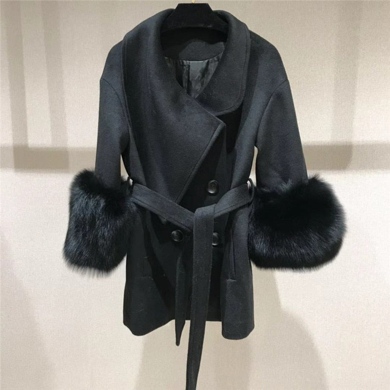 Double Faced Wool Cashmere Real Fox Fur Cuffs Coats