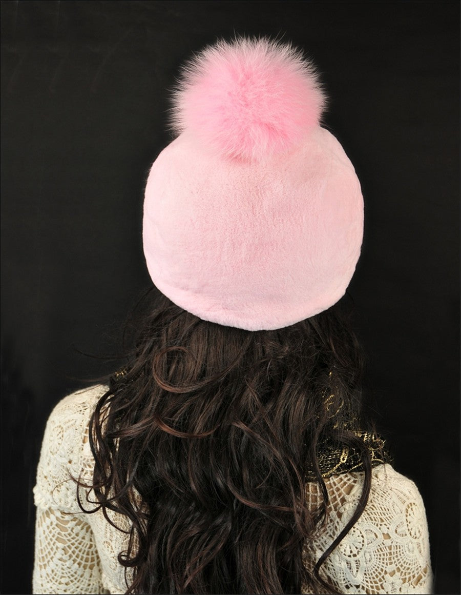 Rabbit Fur Hat with Fox Fur Pom Poms