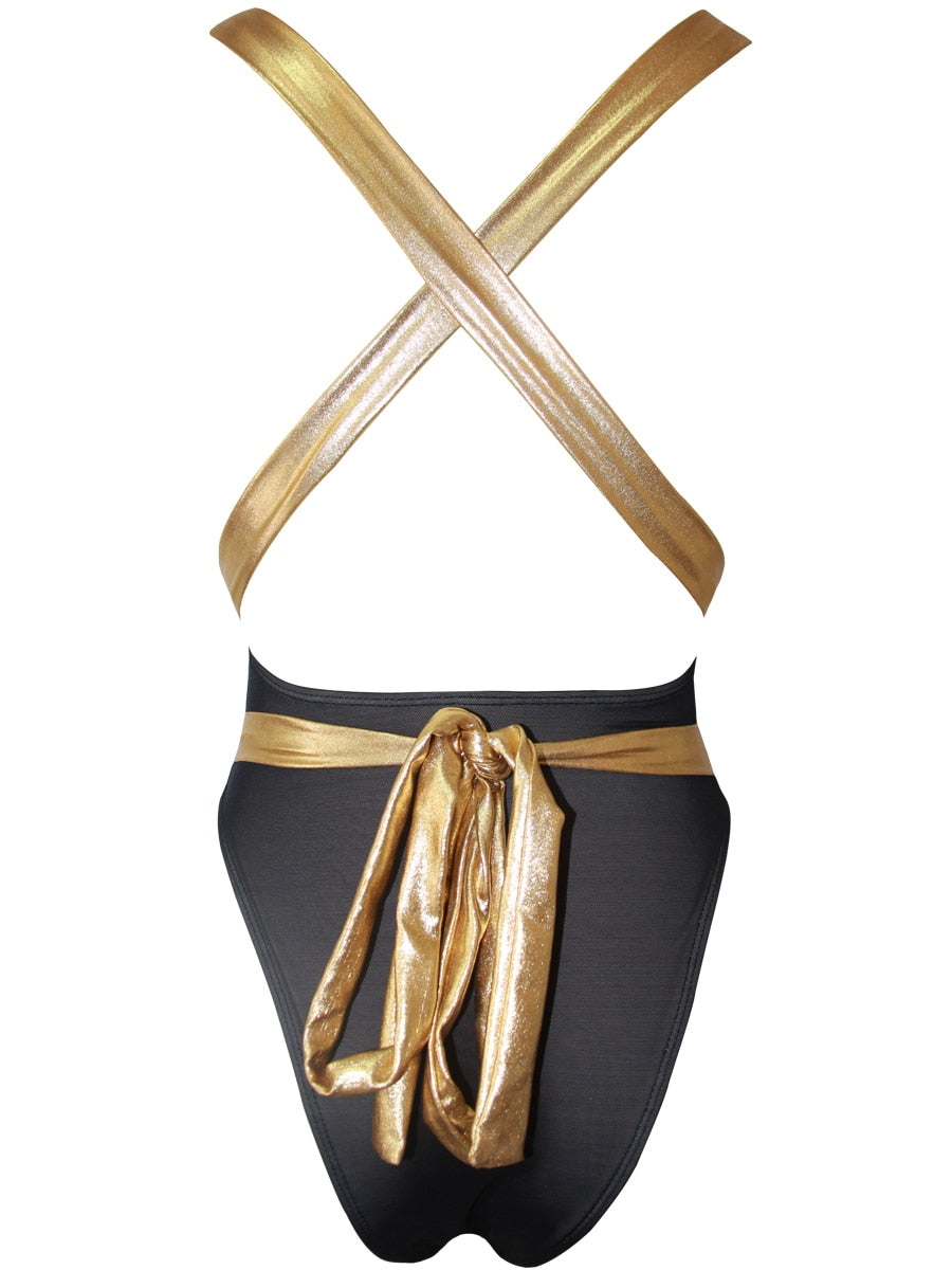 Gold Bondage V Neck High Cut One Pieces