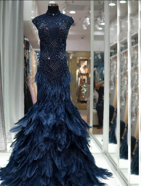 Diamond Sleeveless Mermaid Feathers Evening Gowns