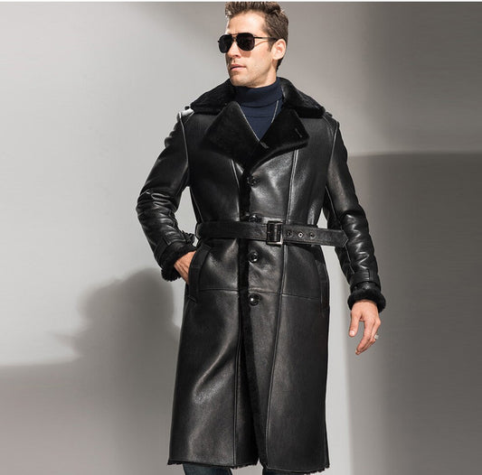 Black Genuine Leather Shearling Coat Long
