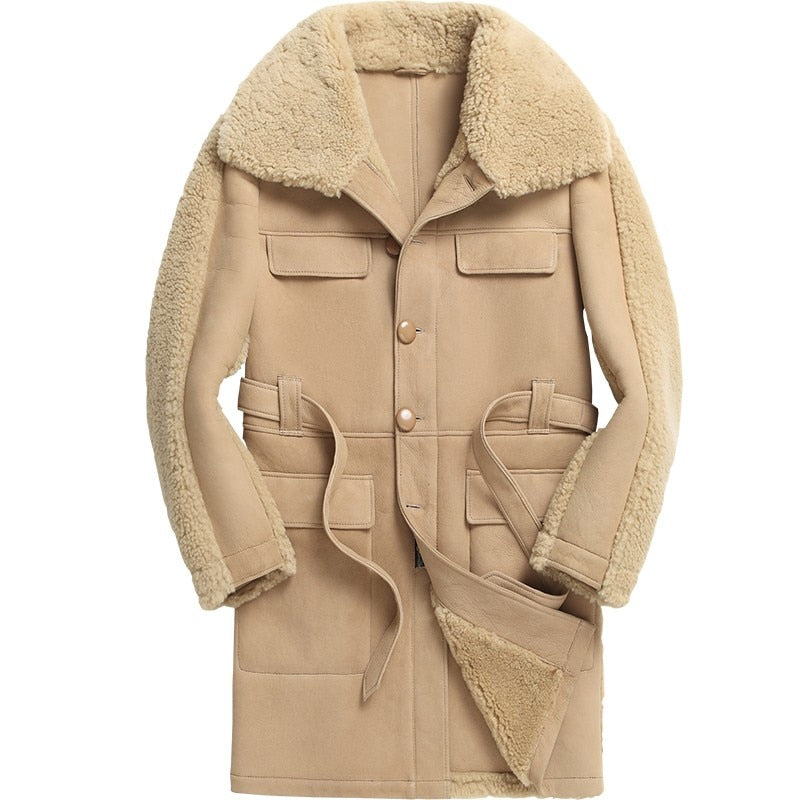 Khaki Genuine Leather Real Shearling Fur Lining/Belted Long Coats
