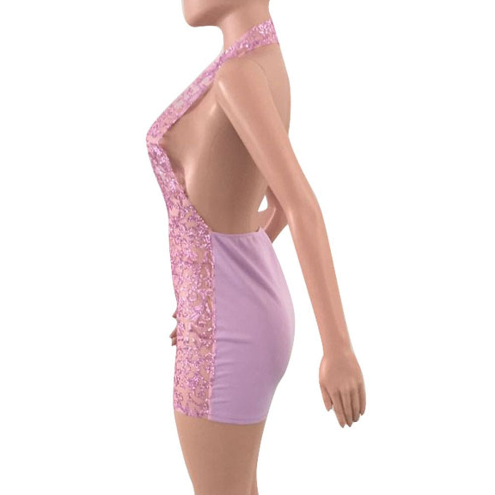 Full Mesh Sequins V-neck Backless Bodycon Mini Dresses