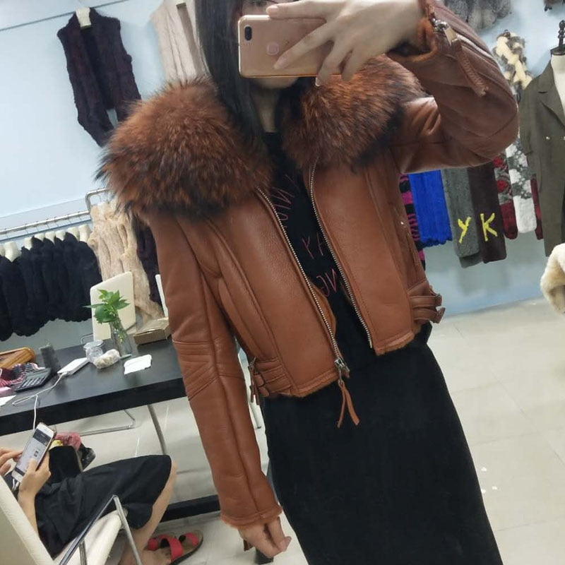 Genuine Leather Moto Jackets Big Fur Collar Wool Liner