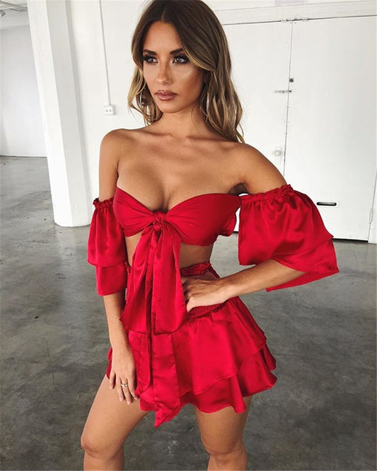 V Neck Ruffle Bow Tie Crop Top and Skirt Sets