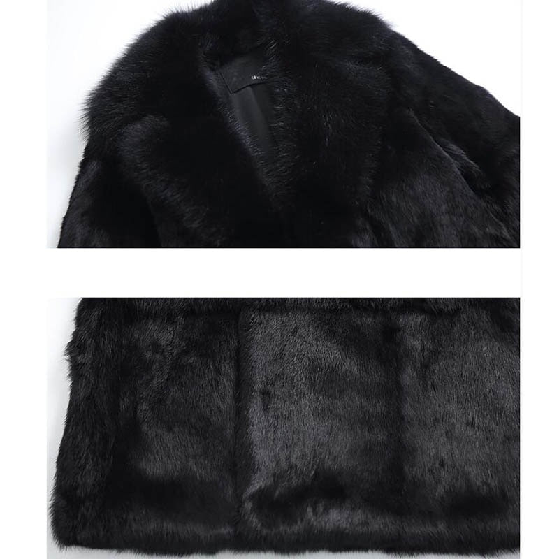 Black Long Natural Rex Rabbit Fur With Fox Fur Thick Collar
