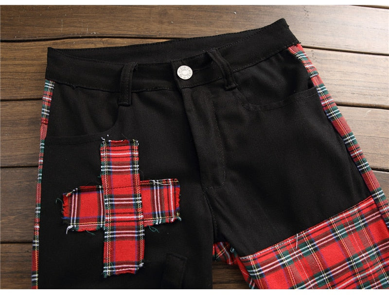 Plaid Patchwork Skinny Strap Pants