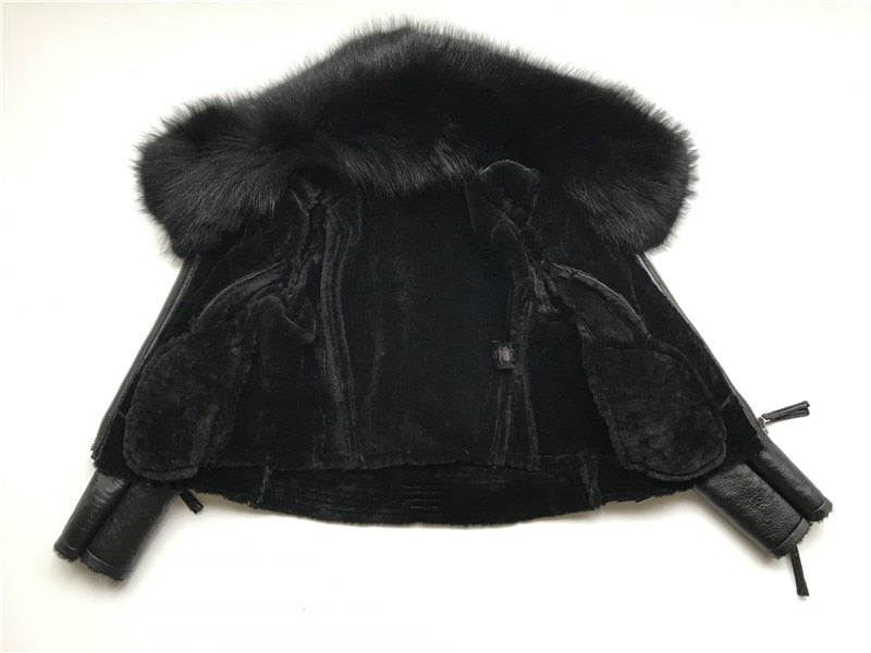 Genuine Leather Real Sheep Fur Lining Fox Fur Collar Coats
