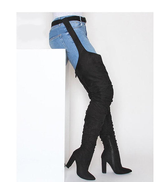 SUEDE WAIST BELT MID-THIGH HIGH HEEL BOOTS (MULTI-COLORS)