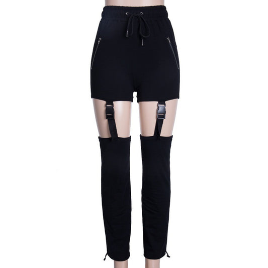 Black High Waist Hollow Thigh Buckle Long Loose Pants