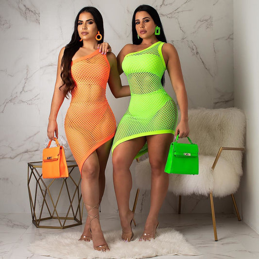 Neon Fishnet One Shoulder Bodycon Dresses 3 Pcs Sets