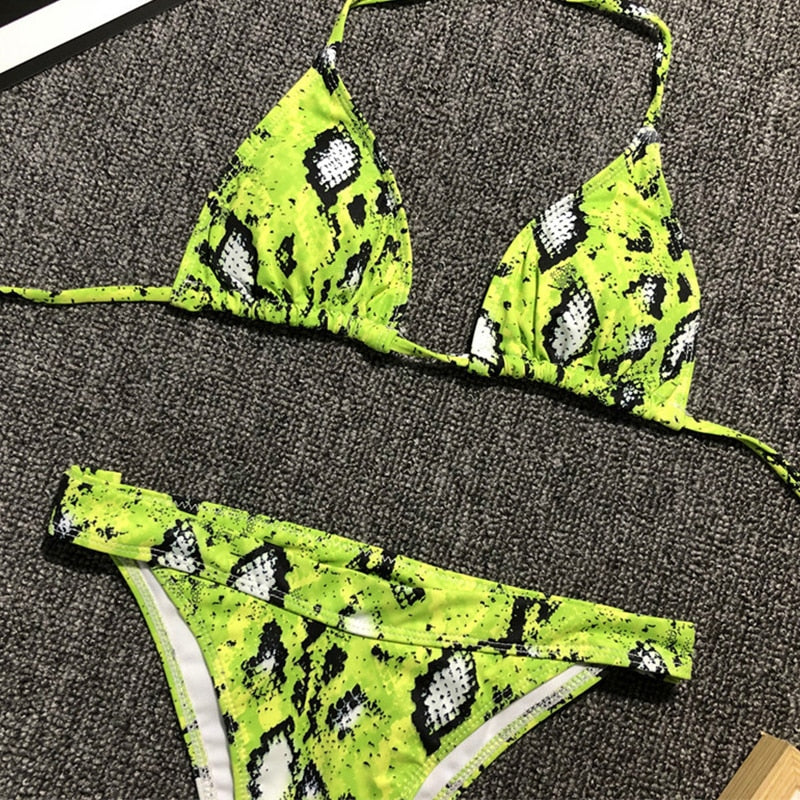 Neon Snake Print Halter Top Brazilian Bikini Set