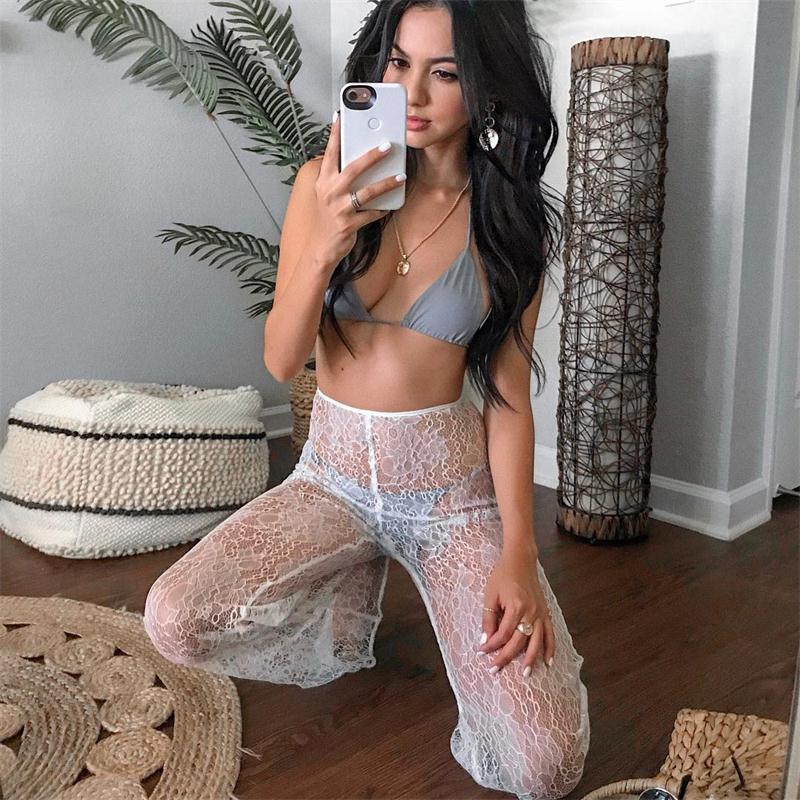 See-through Lace High Waist Flare Pants