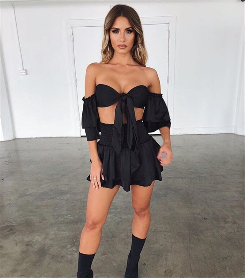 V Neck Ruffle Bow Tie Crop Top and Skirt Sets