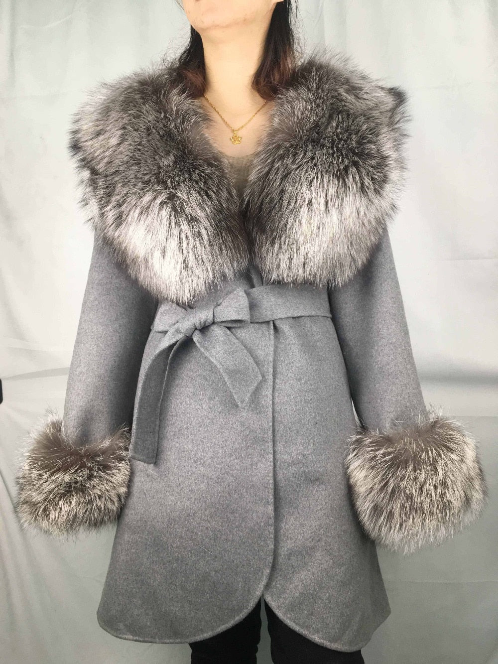 Natural Woolen With Thick Fox Fur Collar/Cuffs Coats