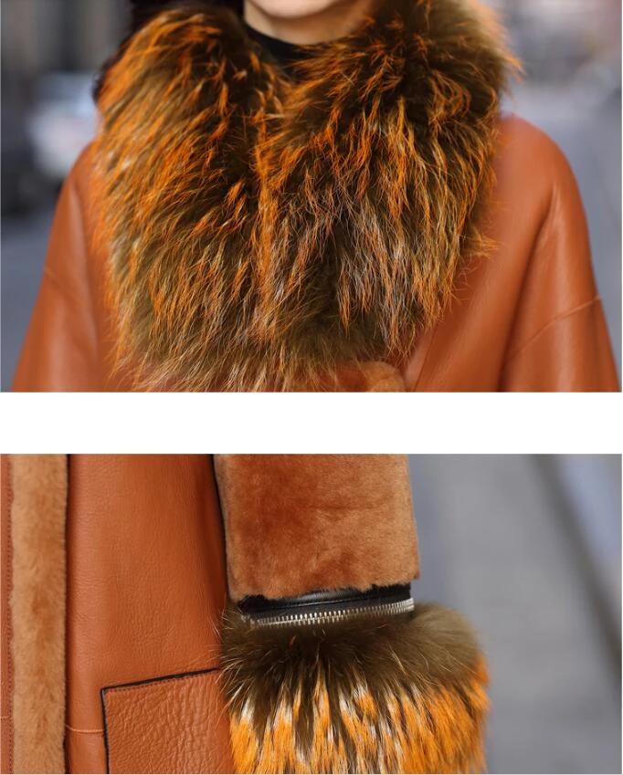Genuine Leather Long Coats Shearing Fur Collar & Cuffs
