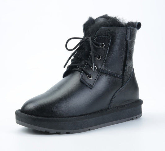 Genuine Leather Natural Wool Fur Lined Waterproof Ankle Boots