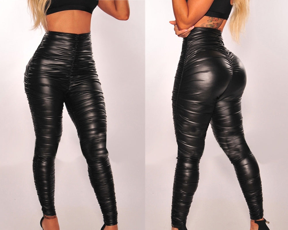 Black High Waist Pleated PU Leather Pants