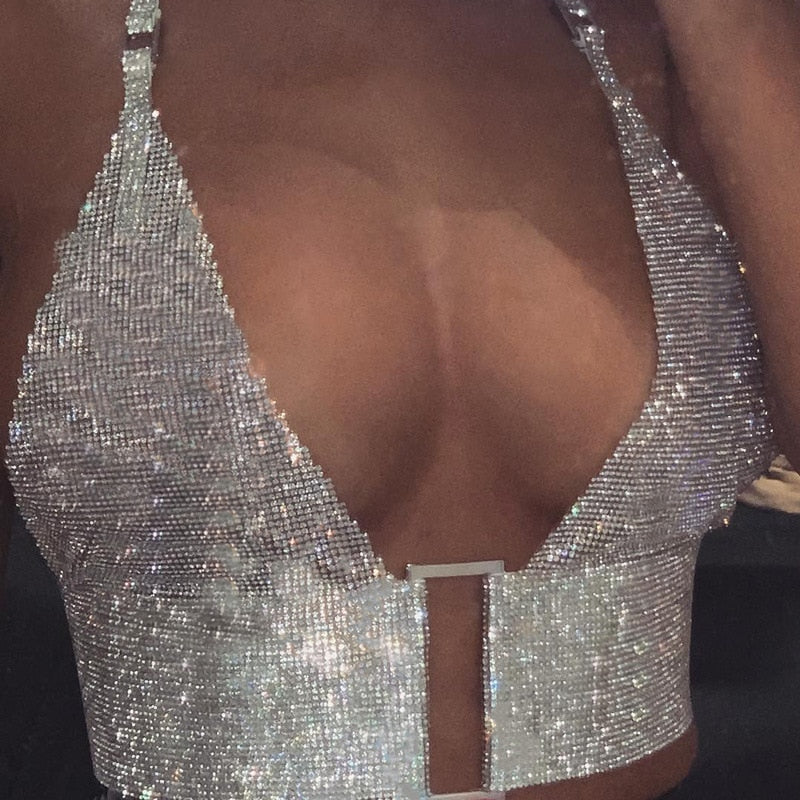 Shiny Reflective Halter Deep V Crop Top