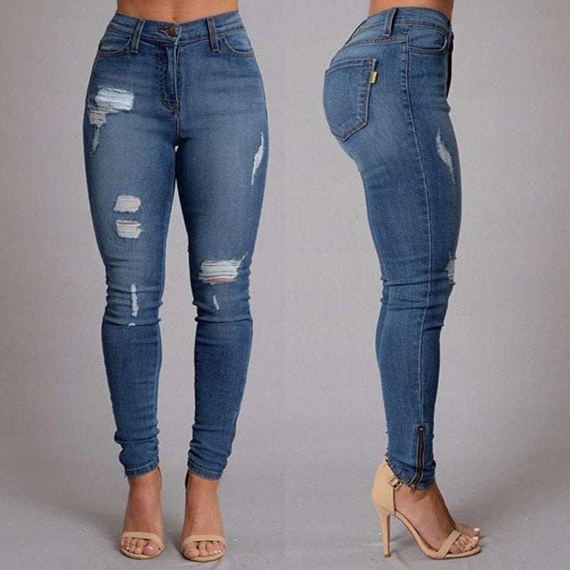 High Waist Pencil Ripped Hole Washed Jeans