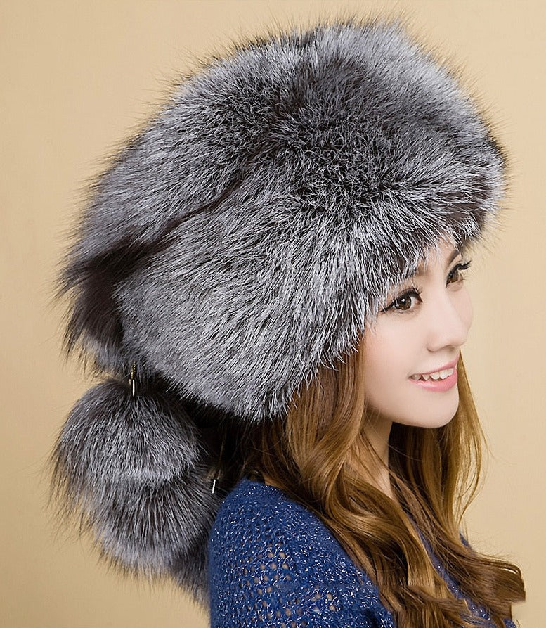 Silver/Red Fox Fur With Back Pom Poms Fox Tail Cap