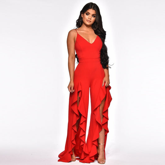 V Neck Split Ruffle Leg Maxi Jumpsuit