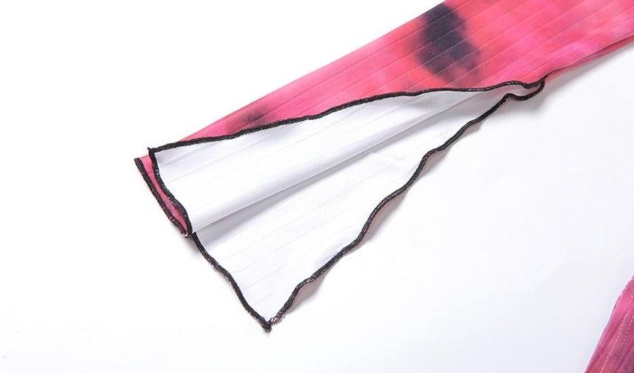 Tie-Dye Print Petal Sleeve Half-High Collar Dresses