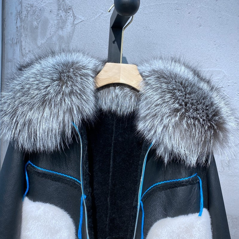 Genuine Leather Real Mink/Silver Fox Fur Collar Coat