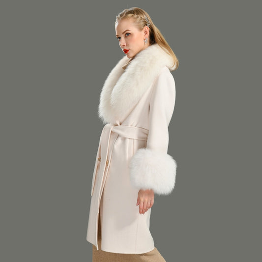 Long Cashmere Pea Coats Big Real Fur Collar & Cuffs