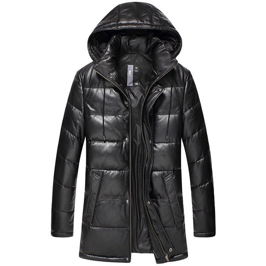 Genuine Leather Duck Down Hooded Coat