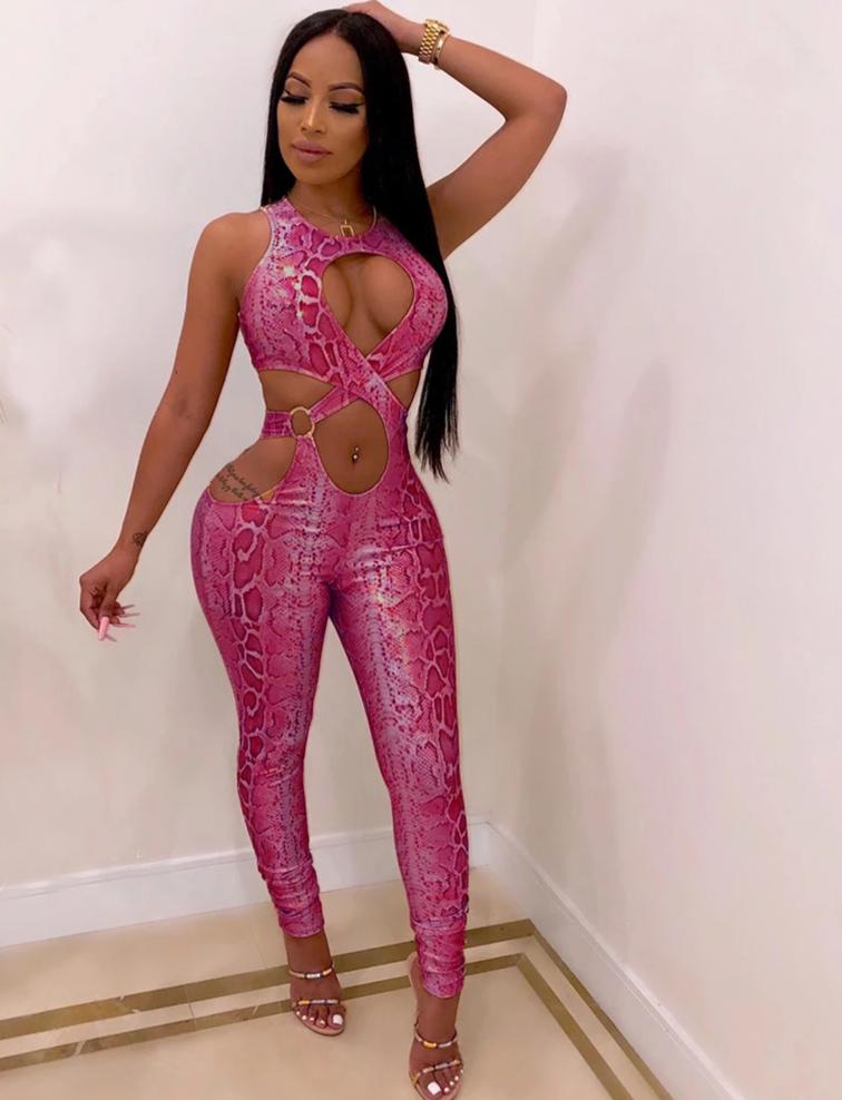 Candy Snake Print Cut Out Sleeveless Jumpsuits
