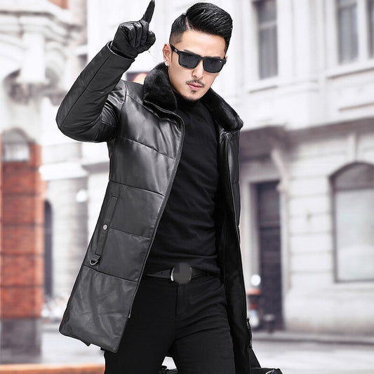 Genuine Leather Coat Duck Down Mink Fur Collar