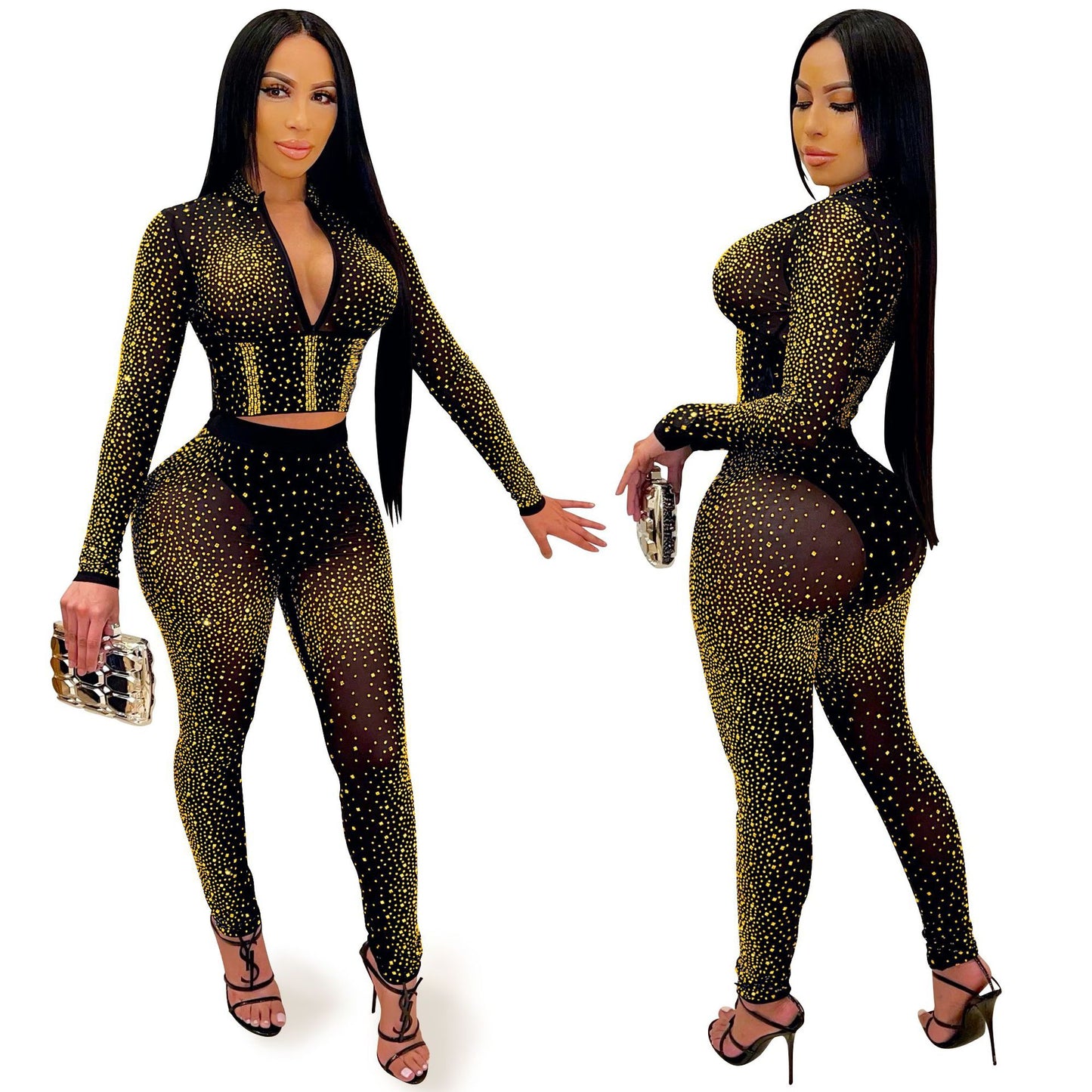 Mesh Deep V Long Sleeve Studded Jumpsuits