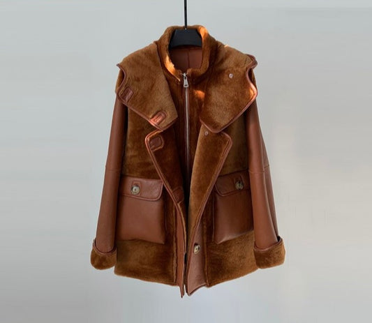 Genuine Leather Real Shearling Fur Coats Hooded