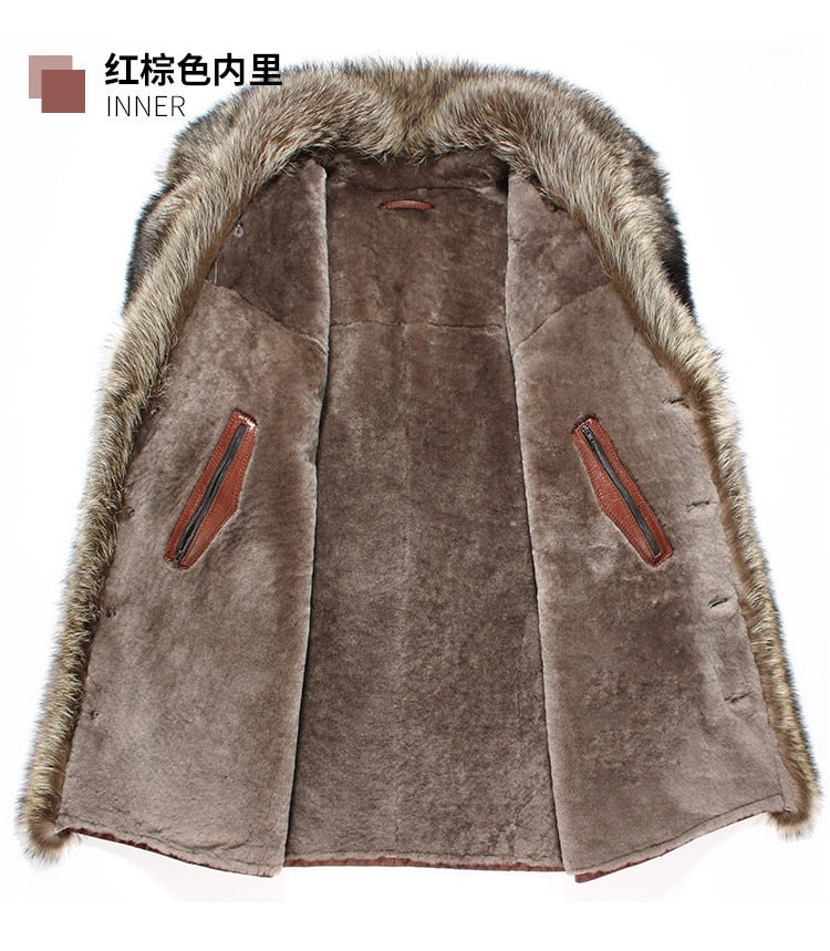 Burgundy Brown Genuine Leather Fox Fur Collar Coat