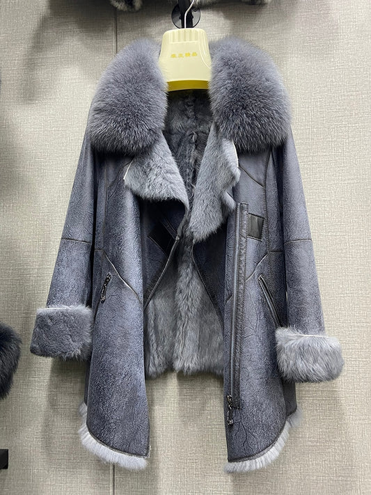 Genuine Leather Jacket Rabbit Fur Liner Fox Fur Collar