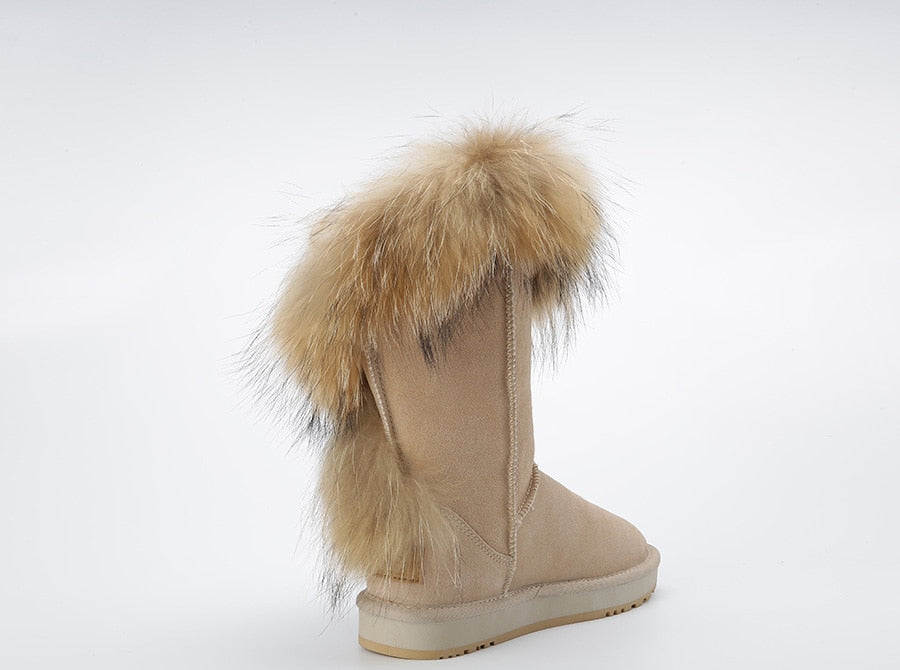 Genuine Leather Suede Natural Fox Fur Half Top Snow Boots