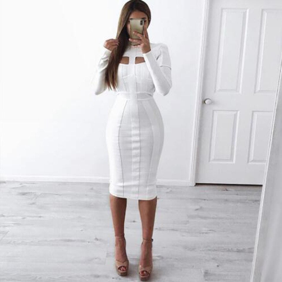 High Neck Hollow Bodycon Midi Dresses