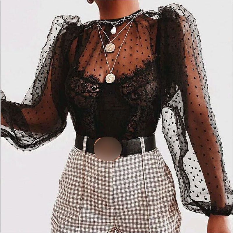 Mesh Polka Dot Puff Sleeve Shirts