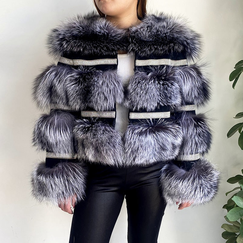 Real Fox Fur Crystal Diamond Jackets