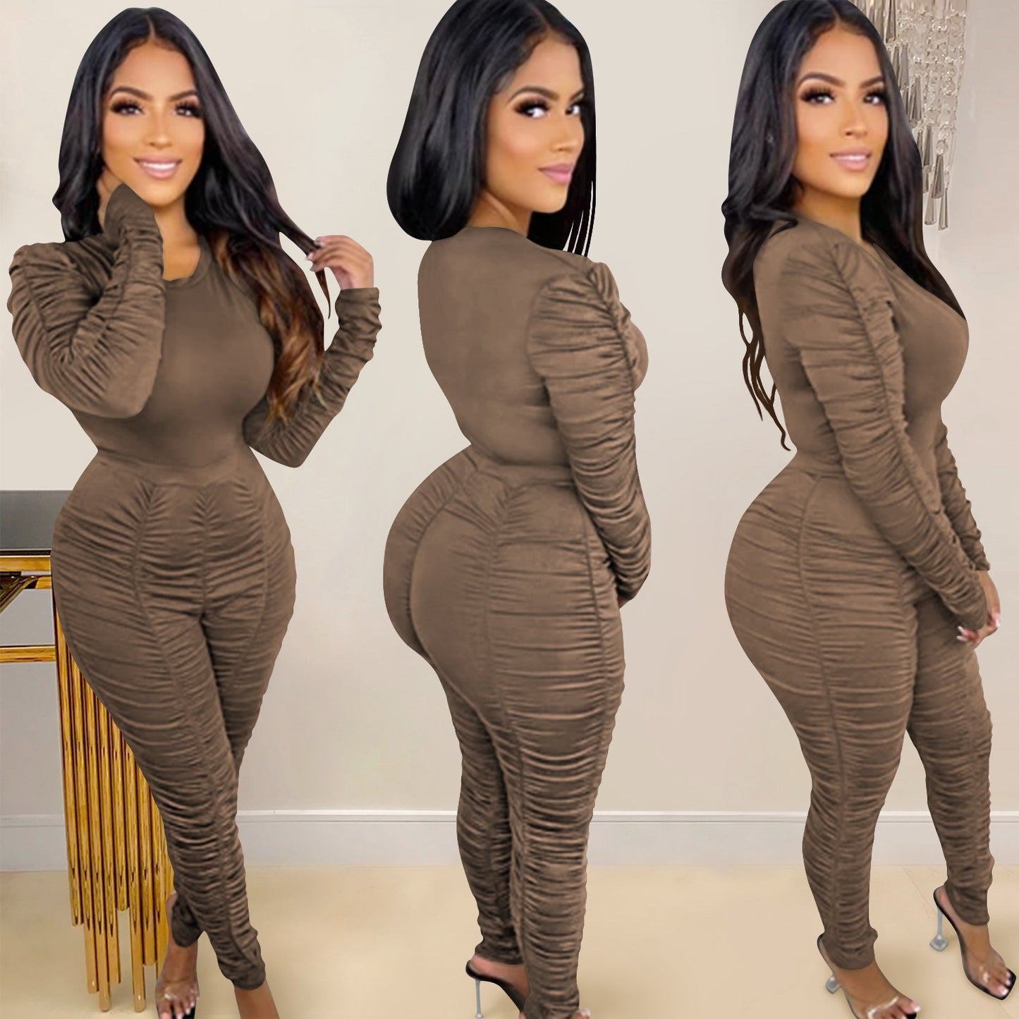 Ruched Long Sleeve Jumpsuits