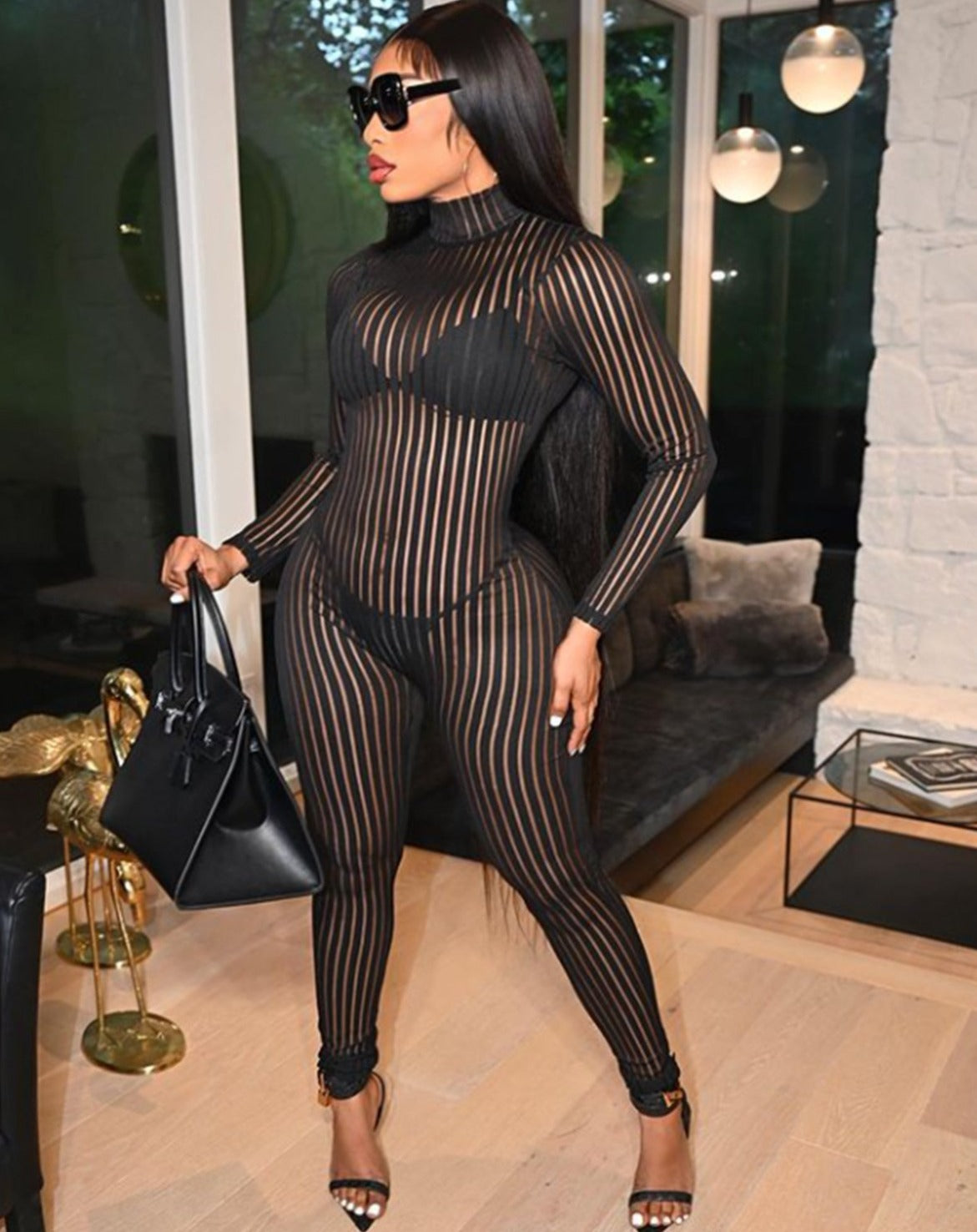 Black Stripe Mesh Long Sleeve Jumpsuit