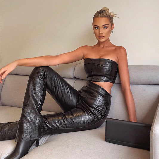 Pu Leather Strapless Crop Tube Pants Set